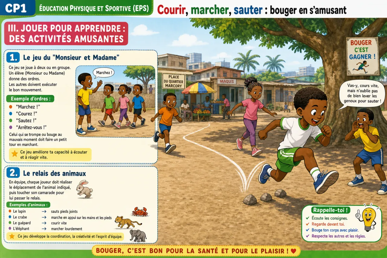 Courir, marcher, sauter : bouger en s'amusant — illustration